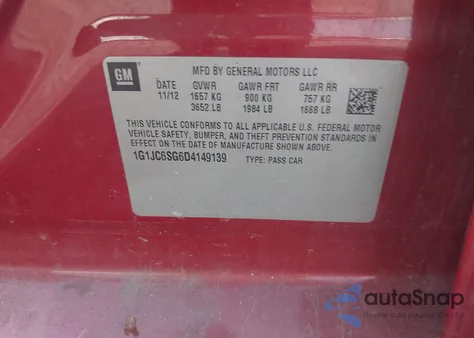 2013 Chevrolet Sonic Lt Auto z USA, uszkodzony, nr VIN 1G1JC6SG6D4149139